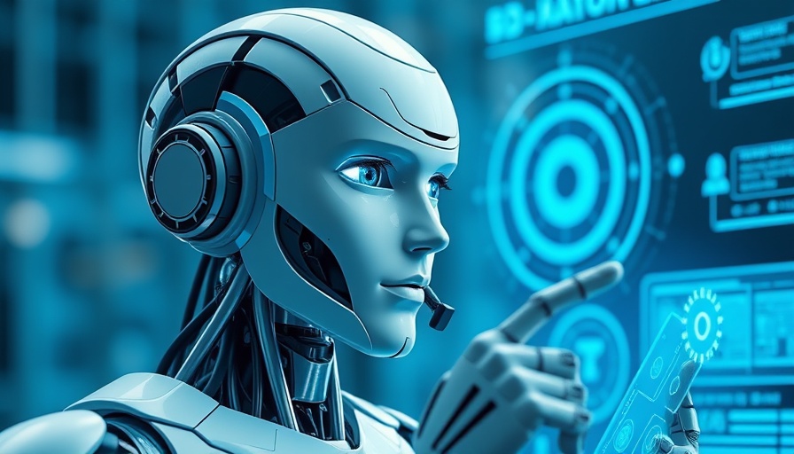Futuristic robot interacting with digital interface for AI agents in government services.