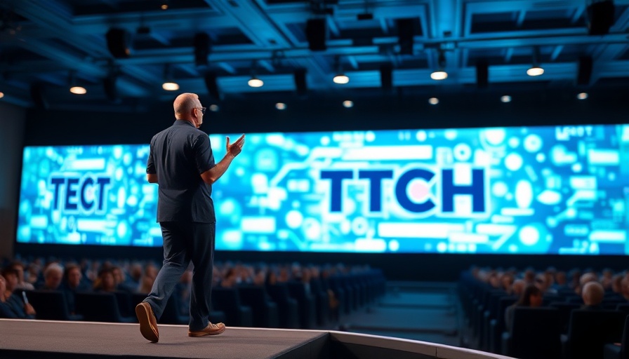Confident speaker at tech conference discussing Experience Agents AI.