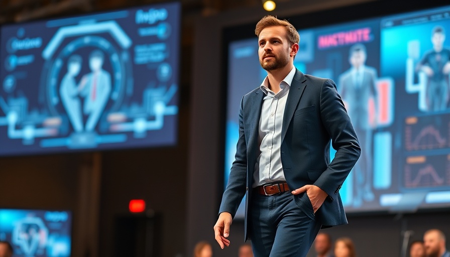 Confident speaker on stage with digital backdrop at agentic AI event