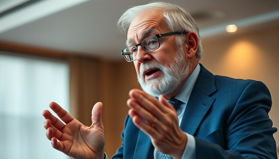 Elderly man in blue suit discussing agentic AI indoors.