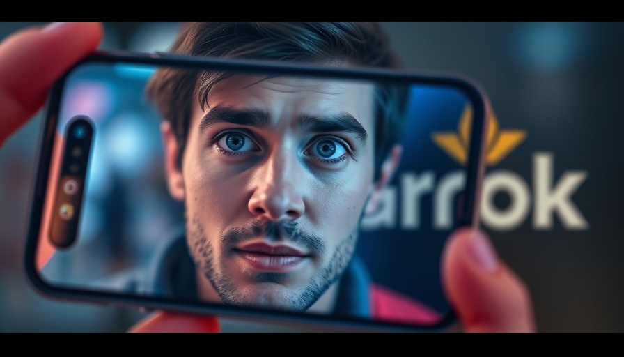 Reflective smartphone with a face, text 'Grok', modern technology.