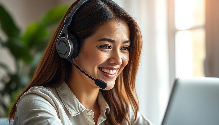 Professional woman using headset with laptop, AI voice agents