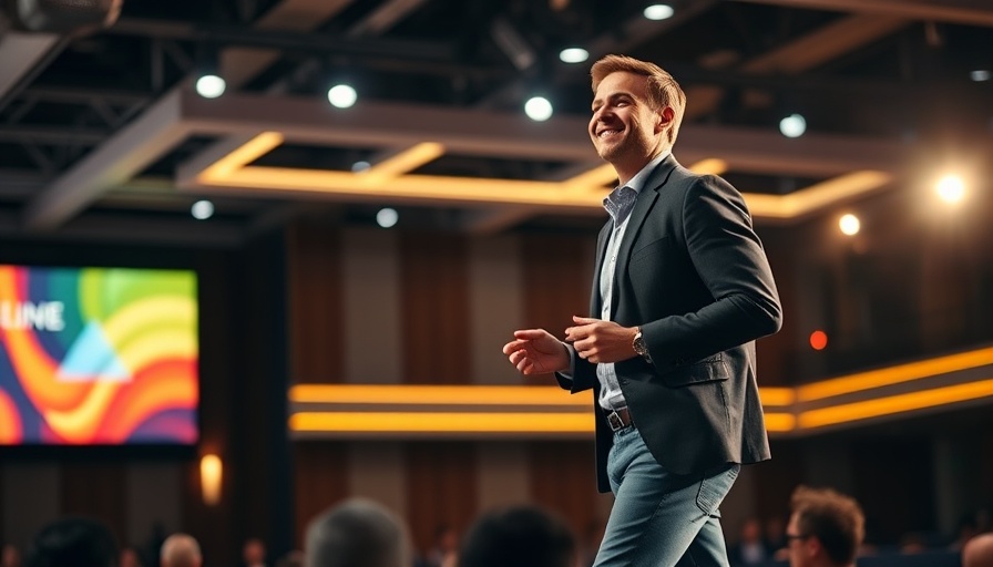 Confident male speaker on stage at Agentic AI conference, vibrant lighting.