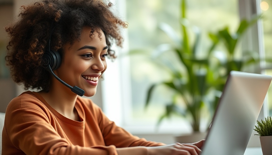 Smiling woman with headset working, AI voice agents.
