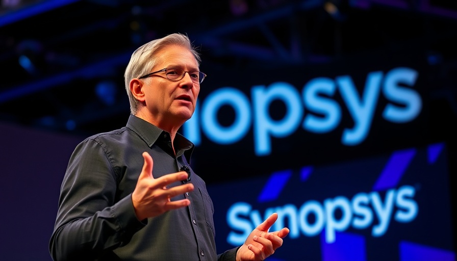 Man presenting on stage at an AI conference with Synopsys logo