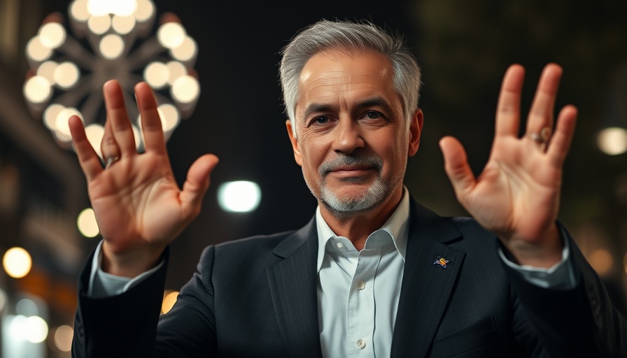 Man waving at nighttime event, low light setting.
