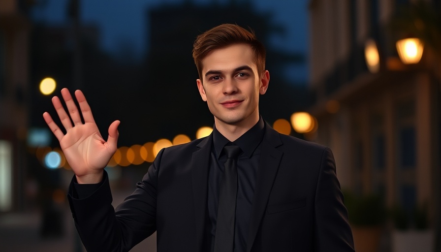 Man at night, waving gently in a suit.