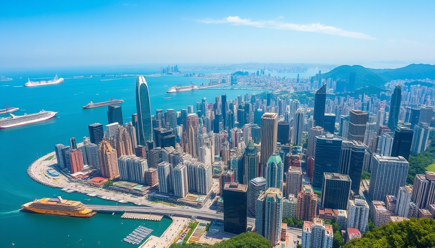 Aerial view of Hong Kong skyline, harbor, and skyscrapers.
