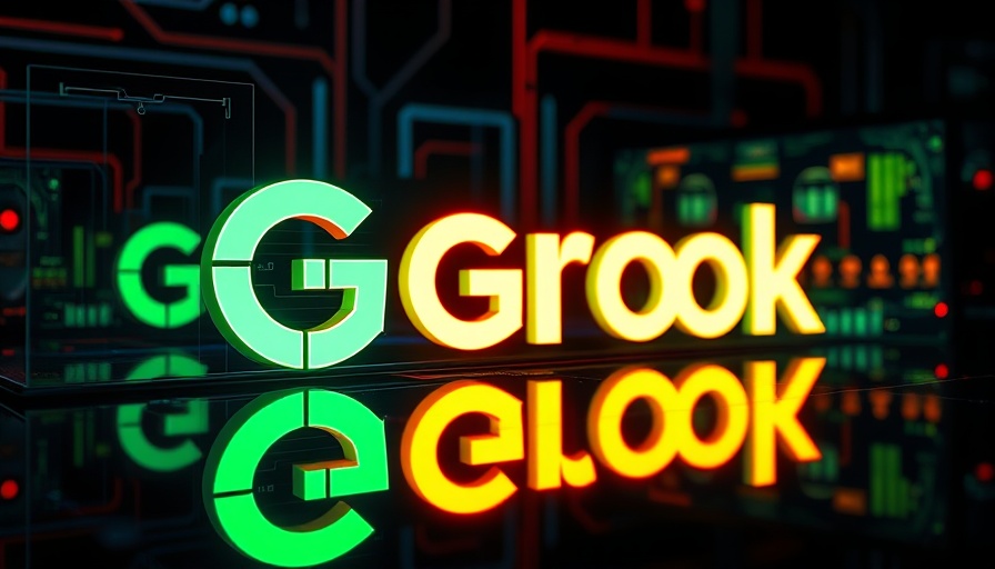 Grok AI logo glowing with tech futuristic graphics, reflecting in dark background.