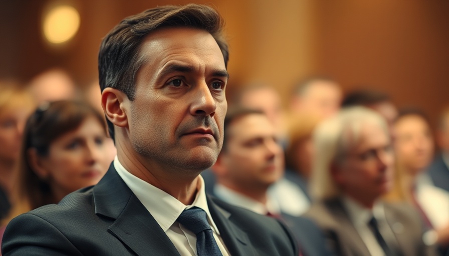 Thoughtful businessman at formal event, focused expression.