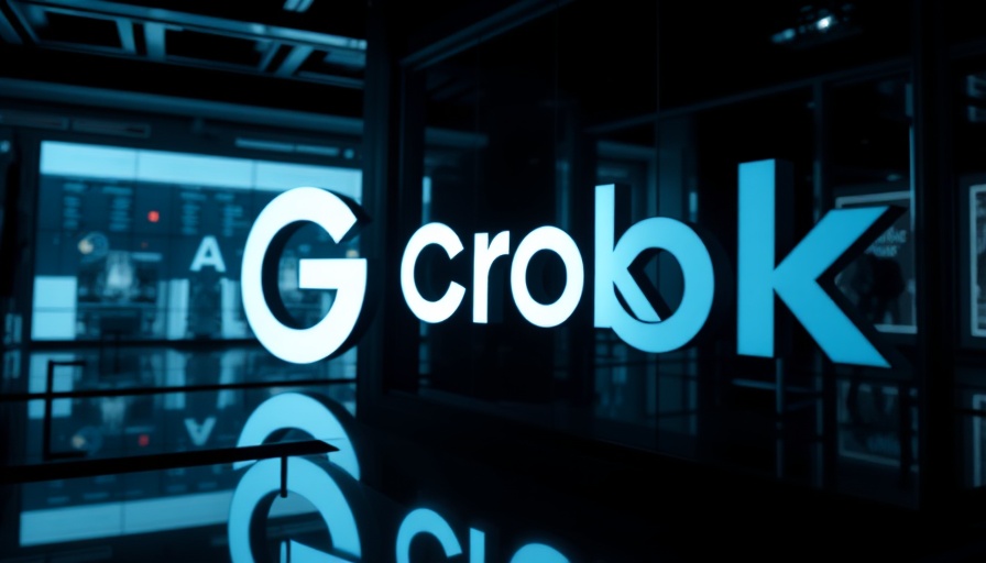 Illuminated Grok AI branding in tech setting, reflecting surfaces.