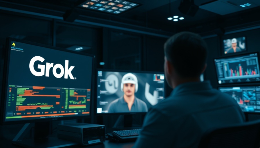 AI news digital screens with 'Grok' logo in media room.