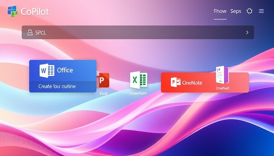Microsoft AI Copilot with Office icons and commands on colorful background.