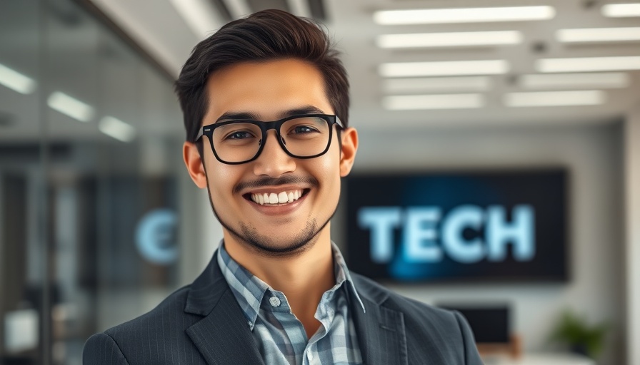 Young professional in modern office with tech logo, smiling expression