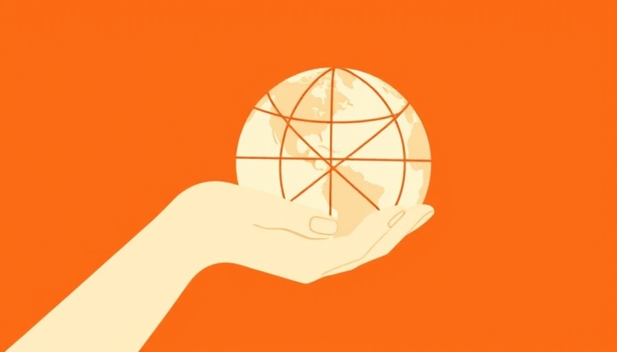Abstract illustration of a hand holding a globe on orange.
