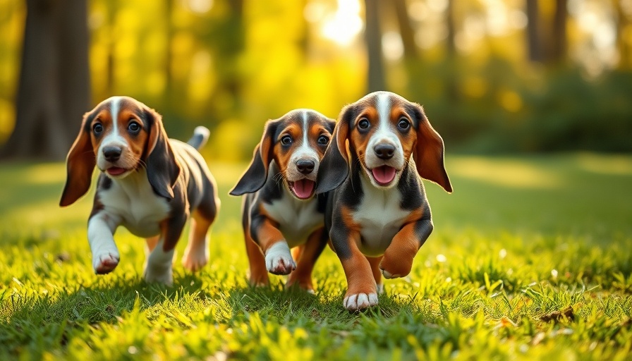 Basset hound puppies running in sunlit grass, showcasing playfulness.