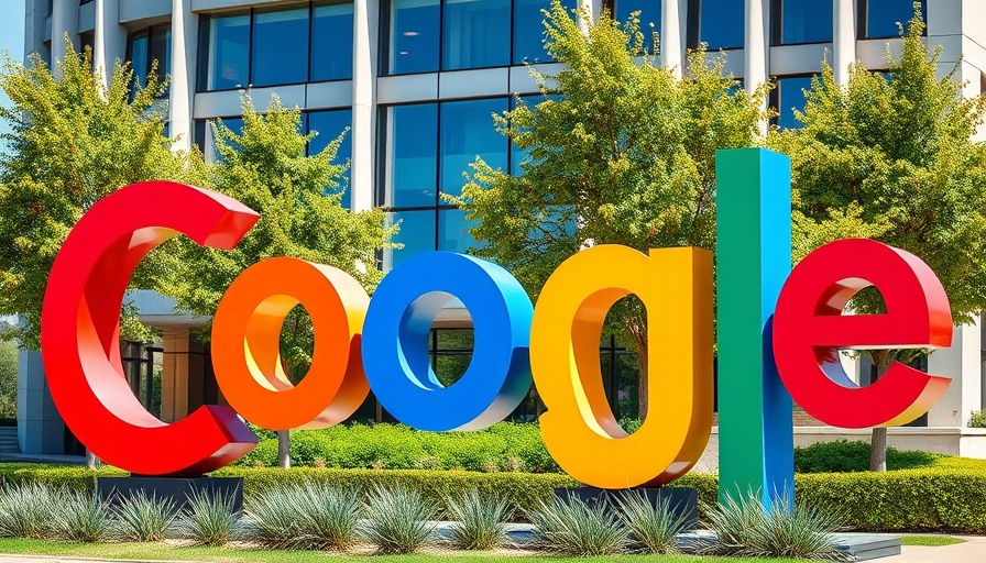 Colorful Google sculpture in front of modern building.