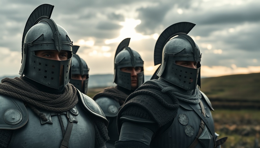 Medieval knights in steel helmets under cloudy sky.