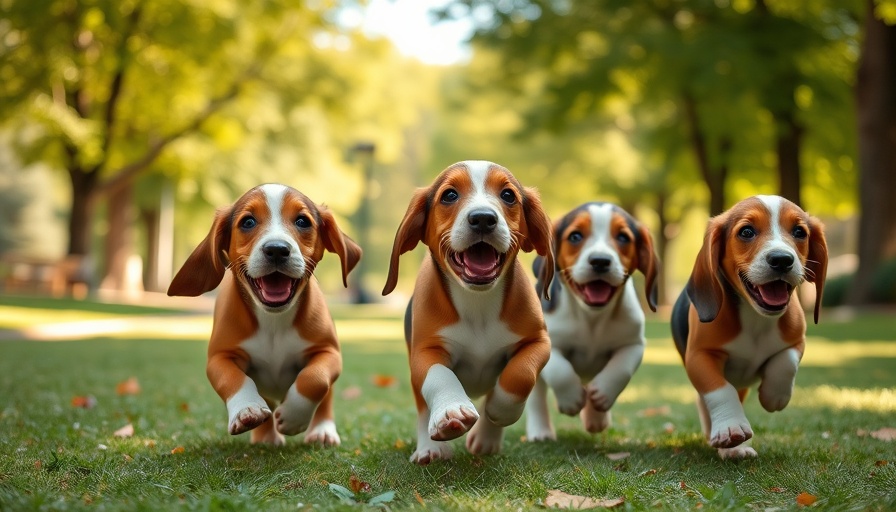 Playful basset hound puppies running on grass in sunlit park