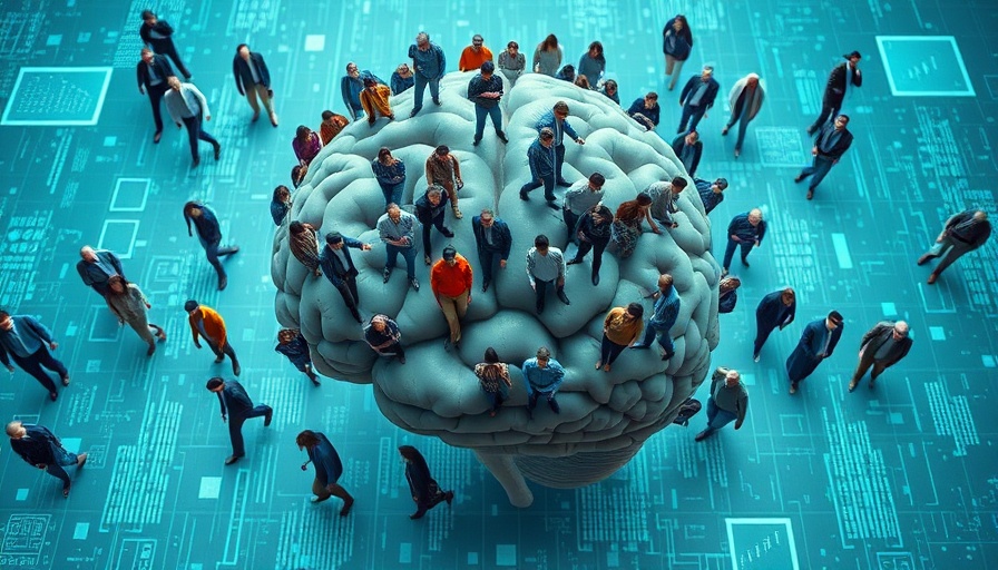 Abstract digital brain with people representing AI workforce.
