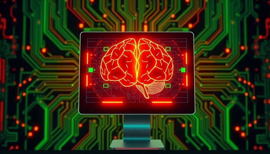 Futuristic AI display with digital brain on neon circuit board.