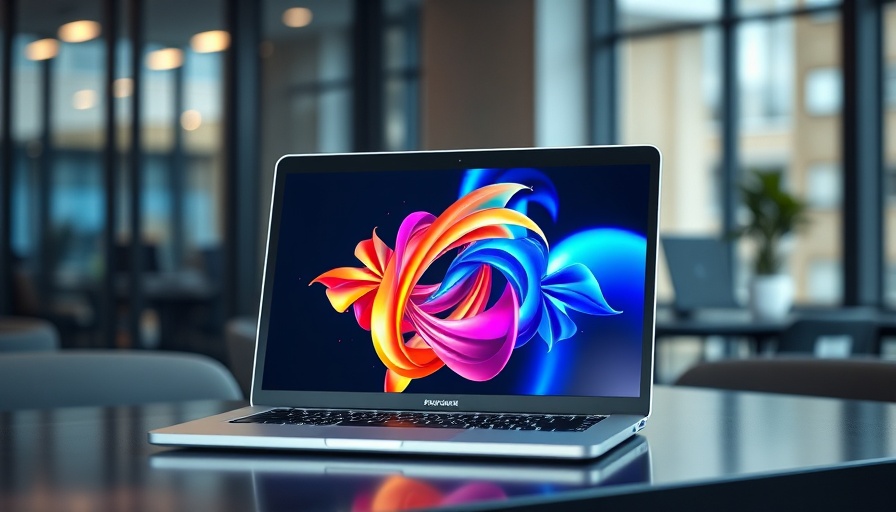 Sleek laptop displaying abstract logo in office, Microsoft AI.