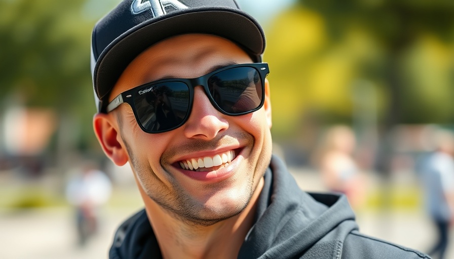Man in sunglasses and black cap smiling outside
