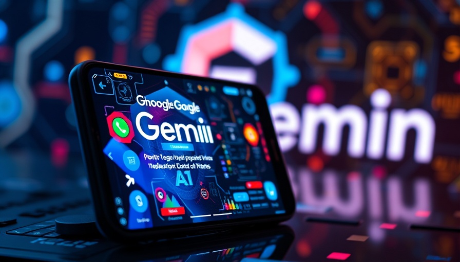Google Gemini AI developments on smartphone interface, futuristic design.