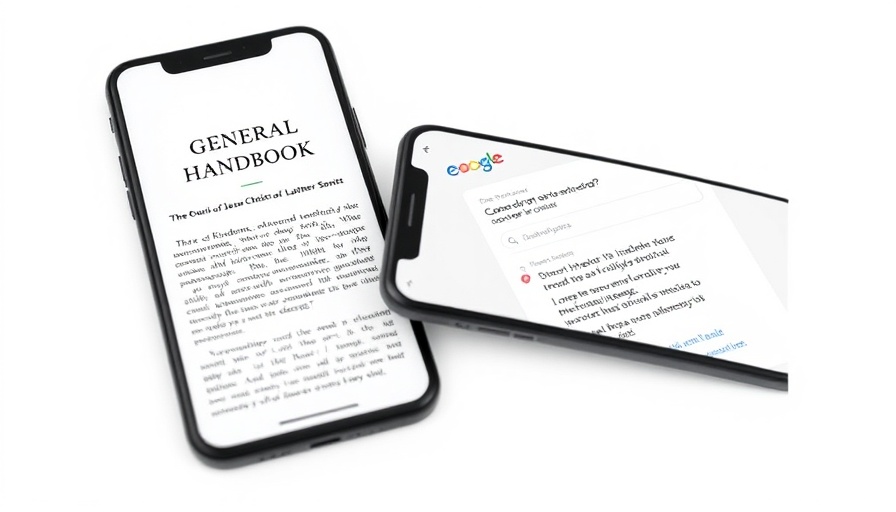 Two phones showing church handbook and AI assistant.
