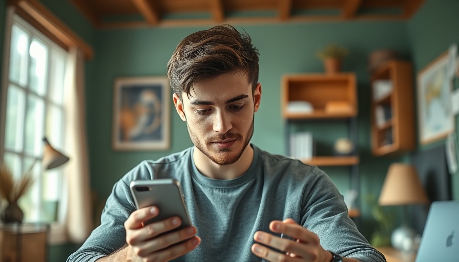 Young man researching AI stocks on phone and laptop in home office.