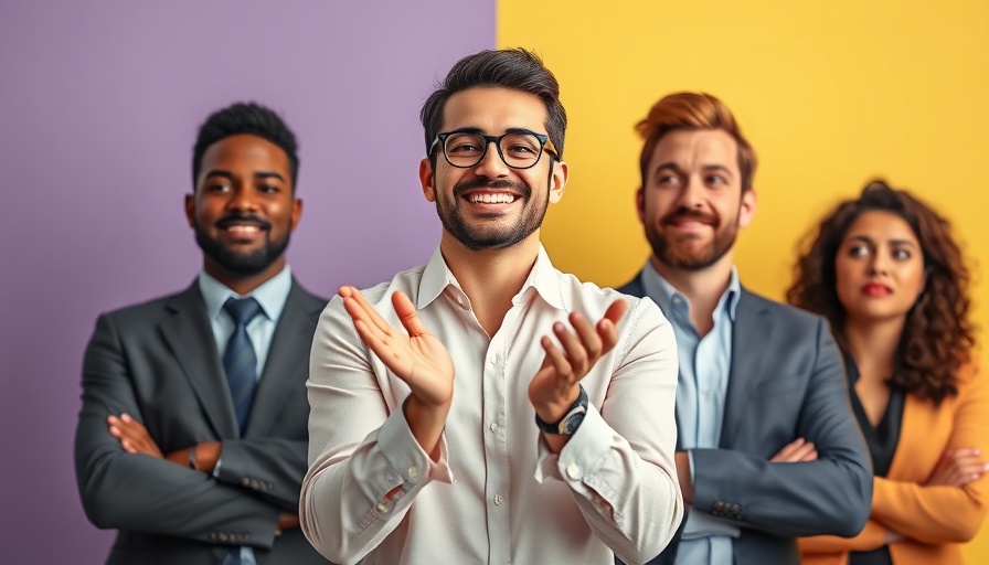 Business professionals collaborating with a colorful background.