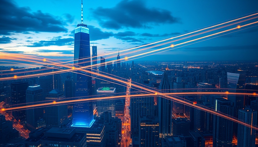 Futuristic city with glowing buildings and light trails, agentic AI concept.