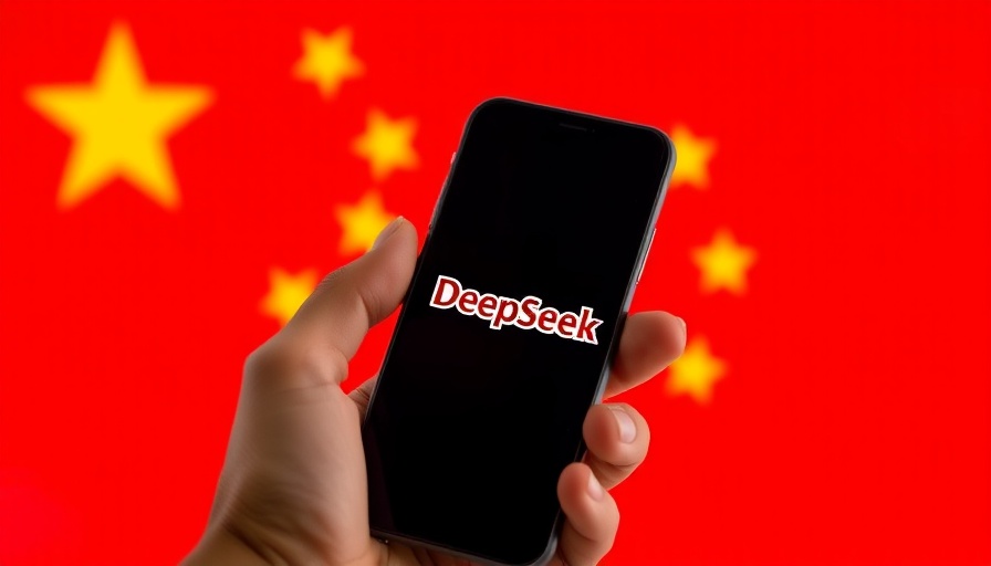 Smartphone with DeepSeek logo against Chinese flag background.