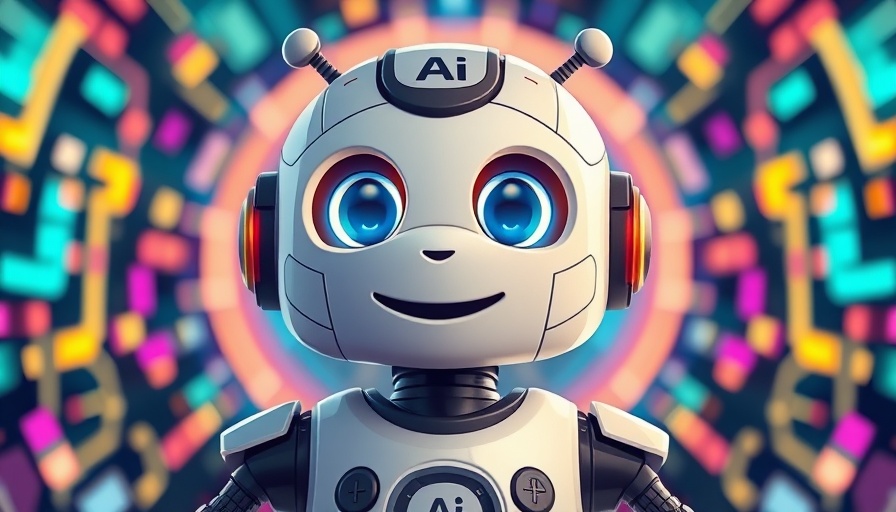 Cute AI robot with tech logos in colorful digital background.