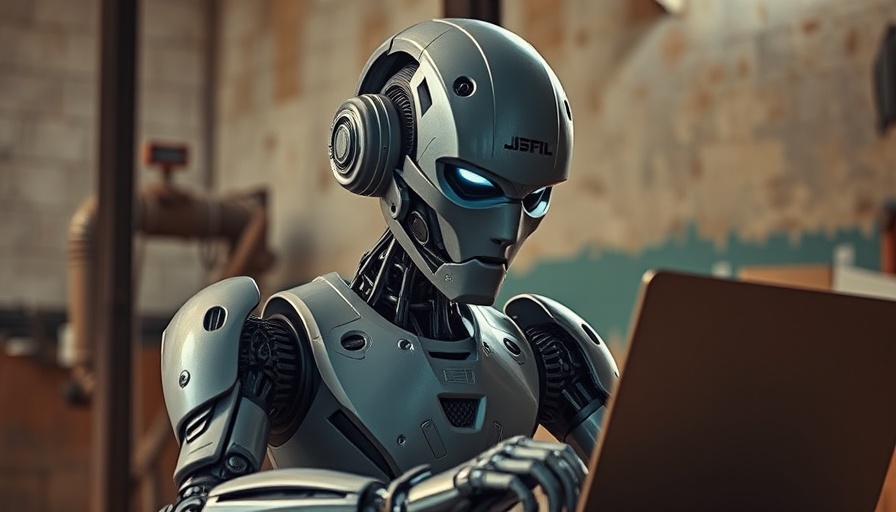 Futuristic robot using laptop in industrial space, related to Claude AI.