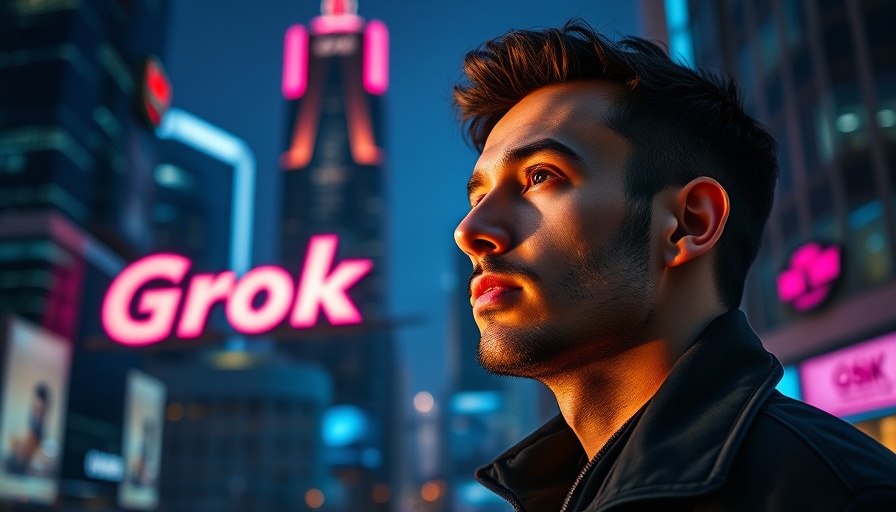 Thoughtful man in cityscape with neon 'Grok' sign in background.