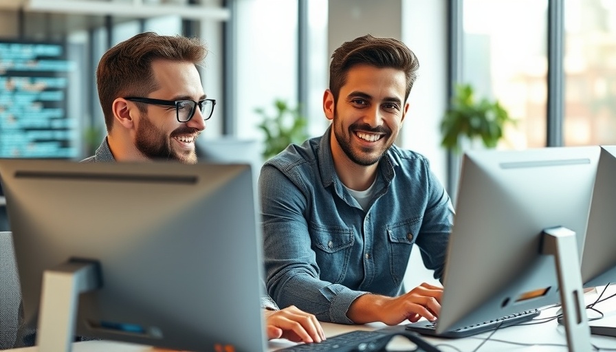 Two men discuss coding at a desk, agentic ai theme.