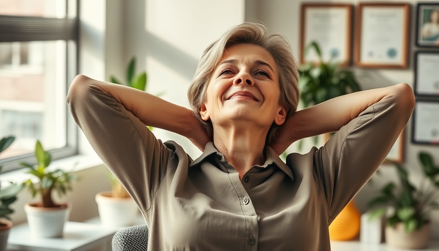 Happy woman using AI to build financial independence in bright office.
