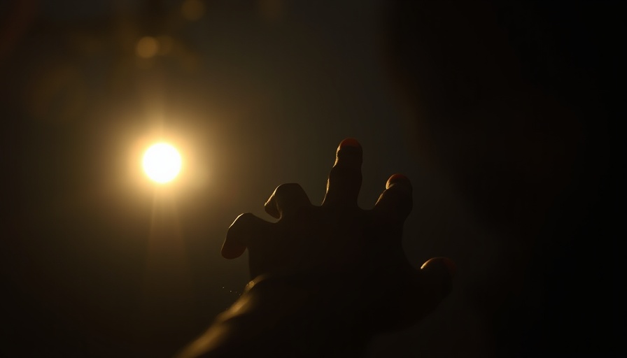Silhouetted hand symbolizing AI dependency, dramatic lighting