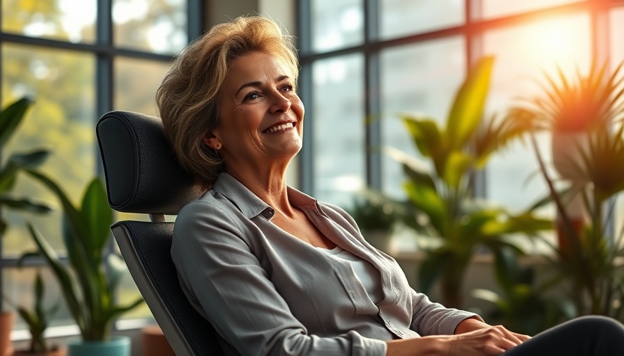 Confident woman using AI to build financial independence, relaxed in office.