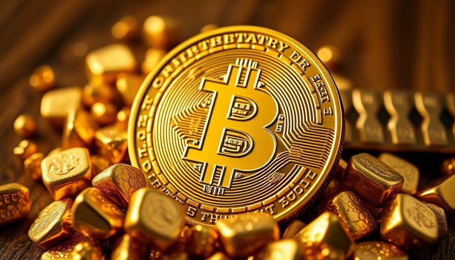 Golden Bitcoin among gold nuggets symbolizing wealth and market trends.