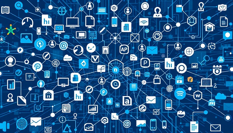 Interconnected API icons forming a digital network, showcasing AI potential.