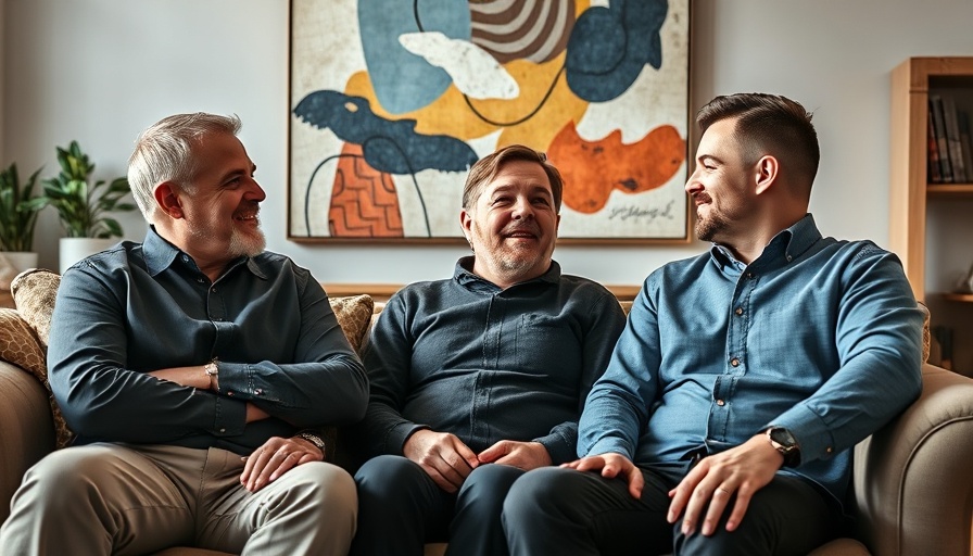Friendly office discussion on a sofa with abstract art background.