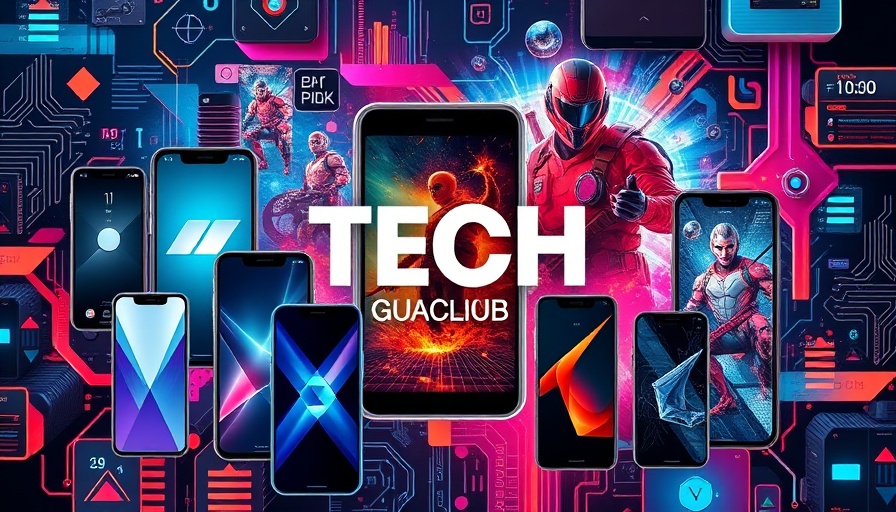 Modern tech collage with smartphones and gaming logo, vibrant display.