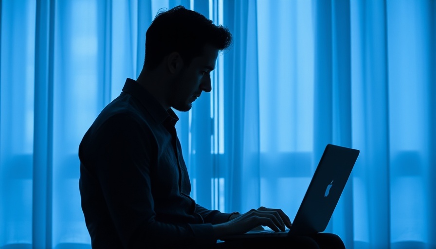 Silhouette of a man using laptop in dim room, AI tools impact on mental health.