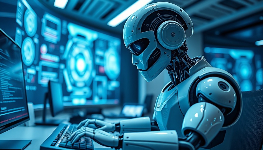 Futuristic humanoid robot in office using AI, depicting microsoft ai.