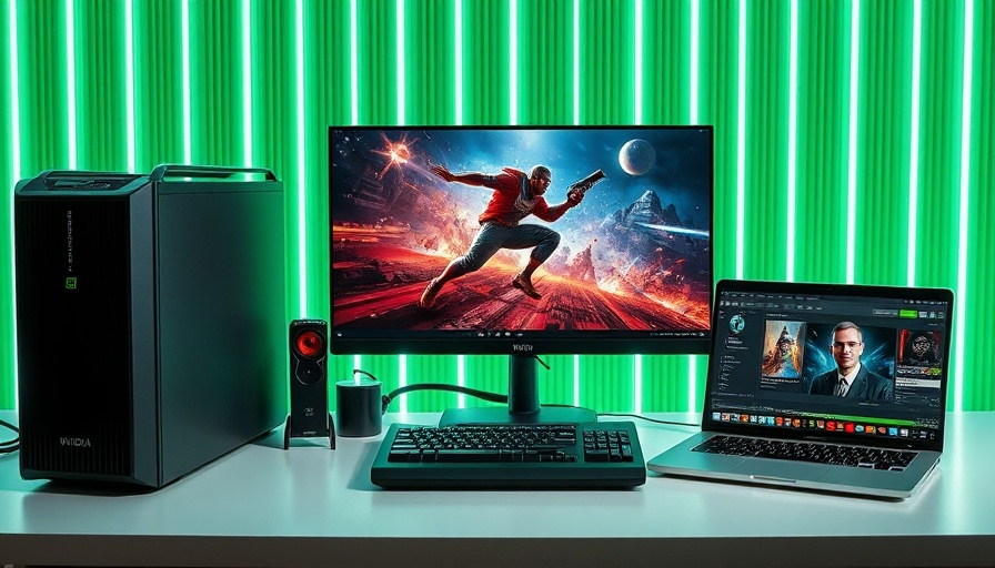 Nvidia products displayed in modern tech setup on green background.