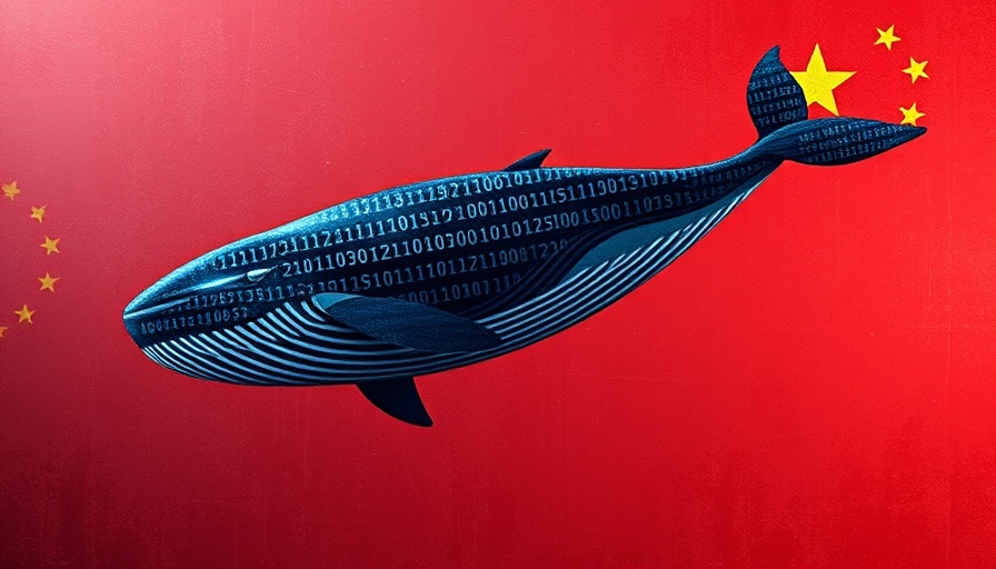 Digital whale made of code on abstract China-themed background.
