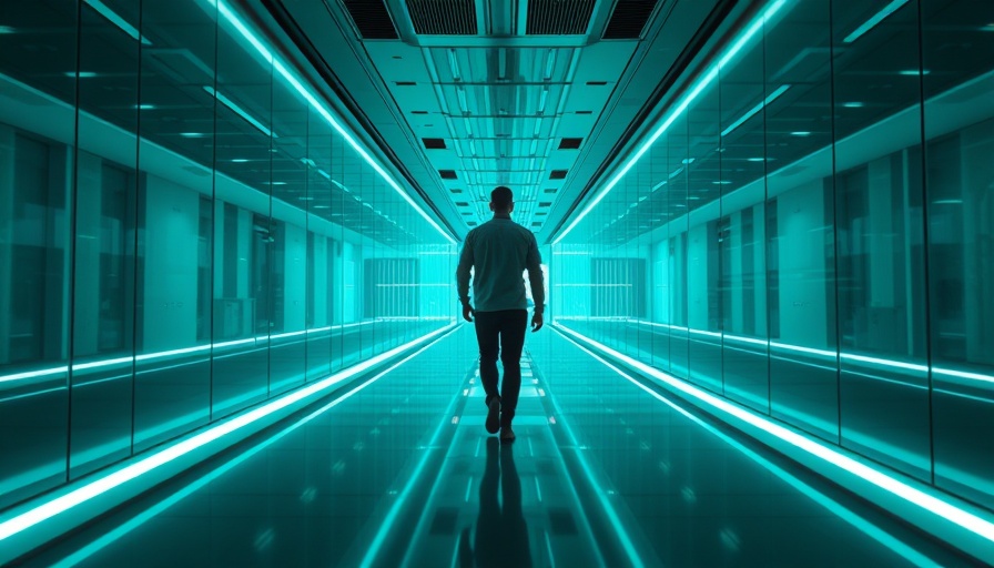 Futuristic hallway with lone man and teal ambient lighting in AI setting.