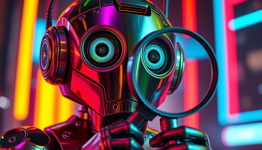 Futuristic robot analyzing in a neon-lit environment during Google AI Mode rollout.
